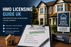 HMO Licensing Guide UK showing a licensed shared property, HMO licence checklist and compliance approval for landlords and brokers.