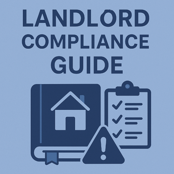 A square blue graphic featuring the title “Landlord Compliance Guide” at the top. Below the text is a simple flat illustration showing a book with a house icon, a checklist on a clipboard, and a warning triangle with an exclamation mark, all in dark blue branding colours.