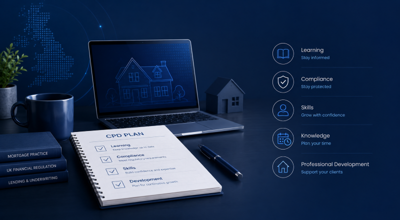 Mortgage Adviser CPD plan with training, compliance, skills and professional development icons.