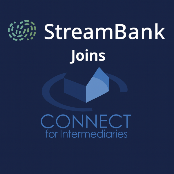 Square 600×600 graphic in dark and light blue with white Open Sans-style text “StreamBank Joins” at the top, the StreamBank logo in its natural green/teal colours beside the name, and the CONNECT for Intermediaries logo centred below in its natural blue colours;