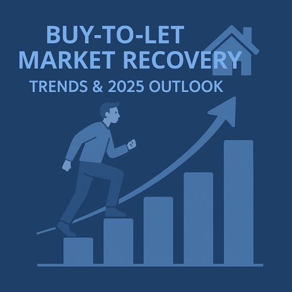 Square blue infographic titled “Buy-to-Let Market Recovery” with subtitle “Trends & 2025 Outlook”. A stylised person climbs up a five-bar chart while a rising arrow curves upward toward a house icon in the top-right, symbolising a step-up recovery trend.