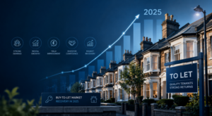 Buy-to-Let Recovery 2025 hero image showing a row of rental properties, a To Let sign, and upward market growth graphics in dark and light blue tones.