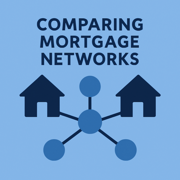 A blue vector graphic illustrating the concept of comparing mortgage networks, featuring two house icons connected to a central hub with multiple node