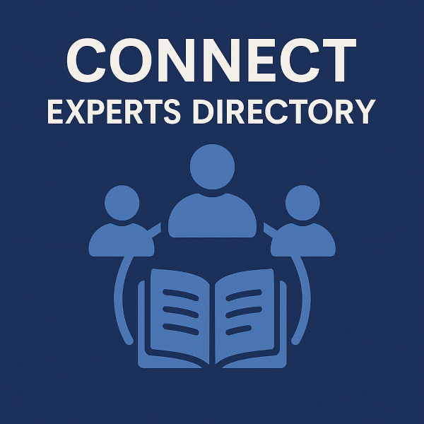 A dark blue square graphic featuring the title “Connect Experts Directory” in bold white text at the top. Below it, three light blue person icons are connected to an open book symbol, representing a professional directory and expert network.