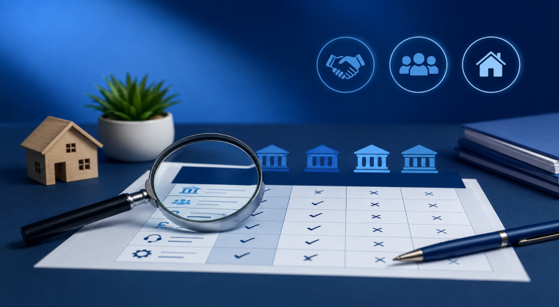 Mortgage Network Comparison hero image showing a magnifying glass over a comparison chart, a house model, finance icons, and a blue-toned desk scene.