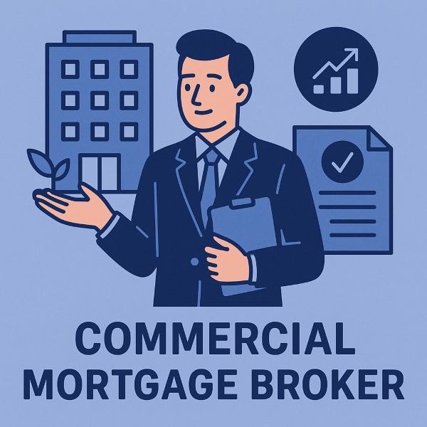 A square digital illustration showing a professional commercial mortgage broker in a dark suit holding a clipboard. Behind him are icons of a commercial building, growth chart, document with a tick, and a small plant symbolising business growth. Text reads “Commercial Mortgage Broker”.