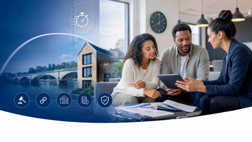 Bridging Finance Options hero image showing a diverse couple speaking with a mortgage adviser, with property, bridge, stopwatch, funding and protection icons representing fast short-term property finance.
