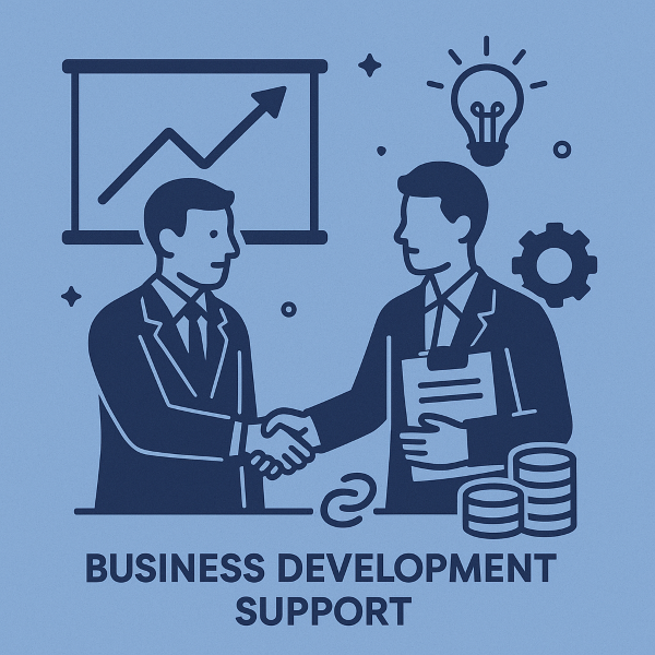 Flat-style illustration in branded blue colours showing two business professionals shaking hands, with one holding documents. A growth chart, lightbulb icon, gear symbol and stacks of coins surround them, representing business development support.