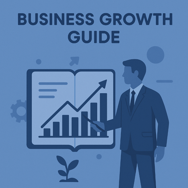 llustration in blue brand colours showing a professional person in a suit pointing toward an open book that displays an upward-moving bar and line chart. Surrounding icons include gears, arrows, and a small plant, symbolising business development and growth