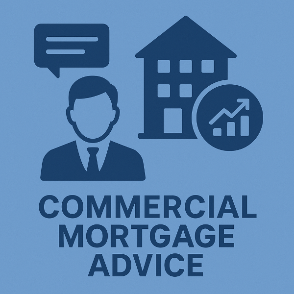 A flat-design blue graphic showing a professional advisor icon beside a commercial building and an upward-trending chart, with the words “Commercial Mortgage Advice” displayed underneath.