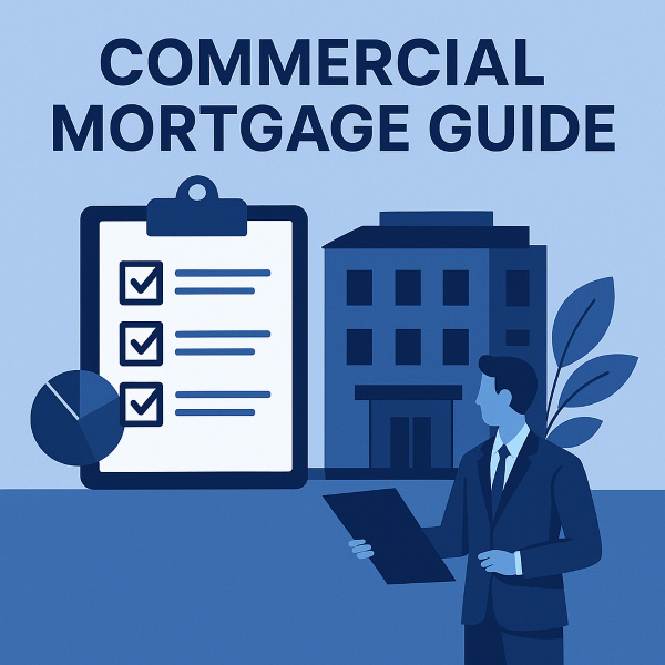 A blue-themed square illustration showing a commercial building, a large checklist on a clipboard, a pie chart, and a business professional holding a document, representing a commercial mortgage guide.