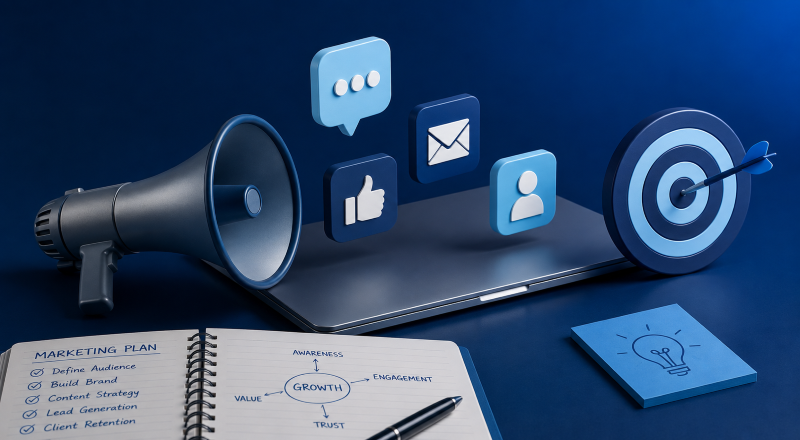 Compliant Marketing for Mortgage Brokers: a modern blue-toned 3D workspace featuring a megaphone, laptop, target icon, communication symbols, and a marketing plan notebook, representing structured and compliant broker marketing.