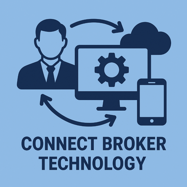 A flat-style digital illustration showing a broker icon, a computer screen with a gear, a cloud, and a smartphone all connected with arrows, representing Connect Broker Technology.