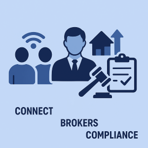 icons of people, a broker figure, a compliance checklist with a tick, a gavel, and property symbols, visually representing Connect Brokers Compliance without any currency symbols.