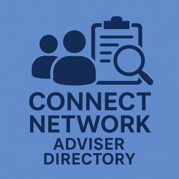 A square blue graphic featuring dark blue icons of two people, a clipboard and a magnifying glass, with the words Connect Network Adviser Directory displayed below in bold uppercase letters.