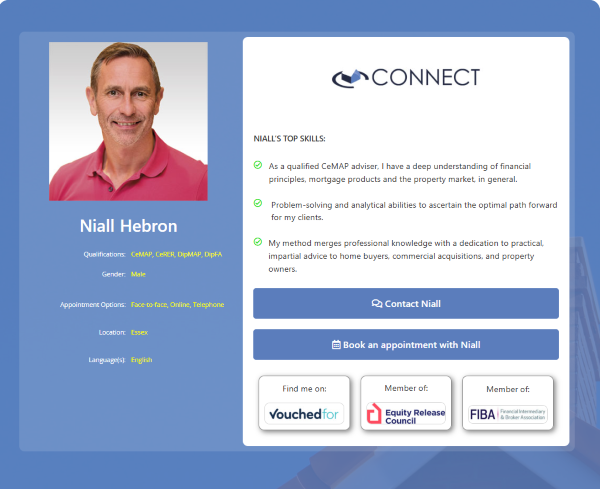 Connect-branded broker profile card layout featuring a headshot of a man on the left with his name and location details, and on the right a contact and enquiry form section with fields and a “Send message” style button.
