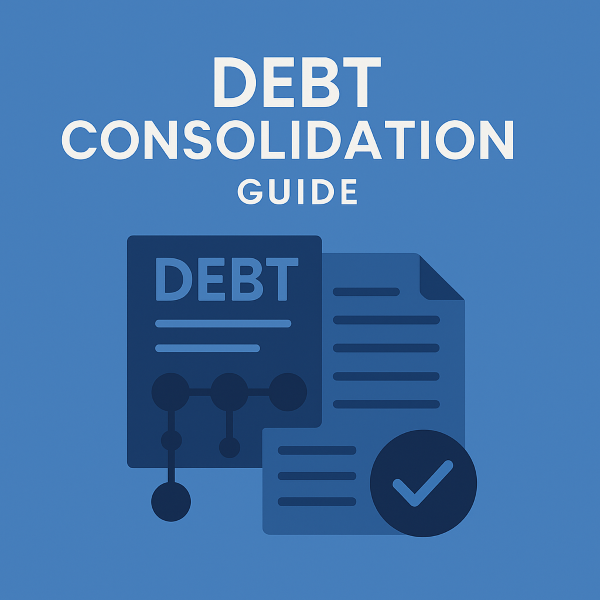 A blue square graphic featuring the title “Debt Consolidation Guide” in white at the top, with dark-blue illustrated documents below, including a “DEBT” sheet with connected dots symbolising financial links and a second sheet marked with a checkmark.