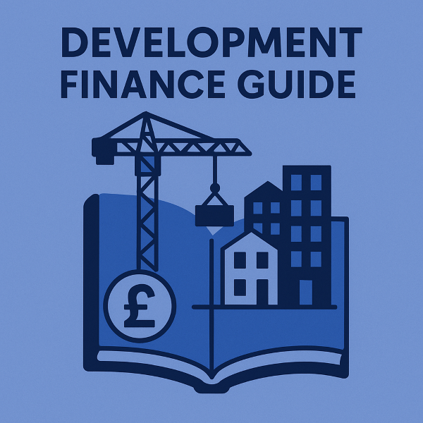 Illustration of a development finance guide cover using blue branding colours, featuring a crane lifting a block beside buildings, with a pound symbol and an open book, all in a clean flat design.