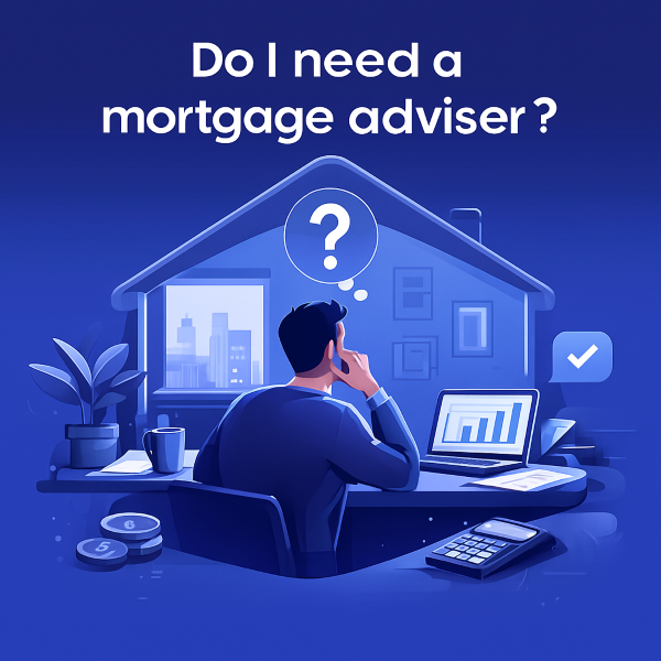 A worried man stands beside a simple house icon, holding his chin while looking up at a question mark. Above him, bold text reads “Do I Need a Mortgage Adviser?”