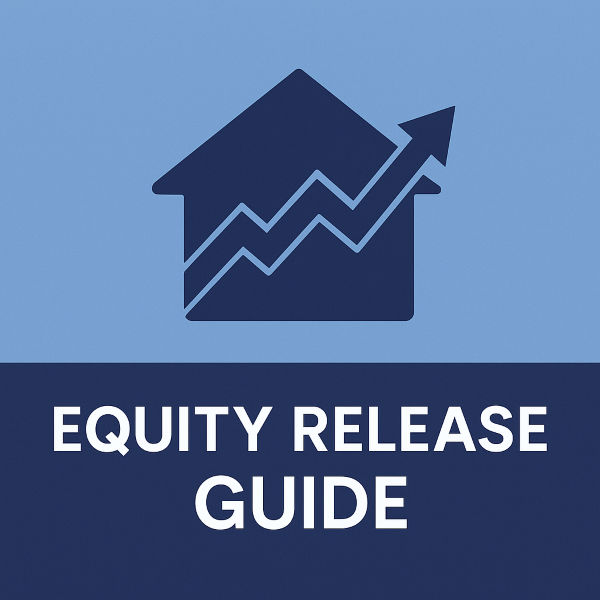 A square graphic featuring a dark blue house icon with an upward zigzag equity arrow, above bold white text reading “Equity Release Guide” on a navy background.