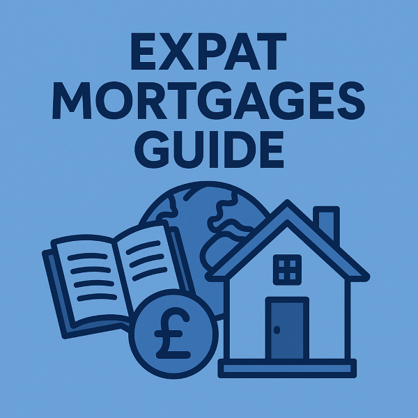 A blue square cover design featuring the title “Expat Mortgages Guide” in dark blue text. Below the title is an illustration of a globe, an open book, a house icon, and a pound currency symbol, all styled with the brand colours