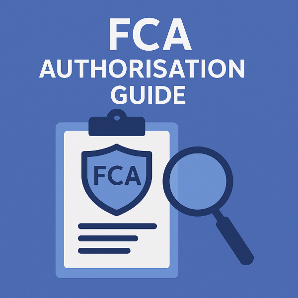Blue icon graphic titled “FCA Authorisation Guide”, featuring a clipboard with an “FCA” label and a magnifying glass symbol, representing regulatory review and approval.