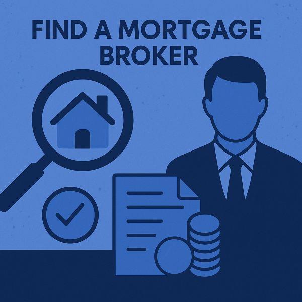 flat-design blue graphic showing the words Find a Mortgage Broker at the top. Below, a magnifying glass highlights a simple house icon, next to a male figure in a suit. Additional icons include a checkmark, a document, and a stack of round tokens, all in the same blue colour palette.