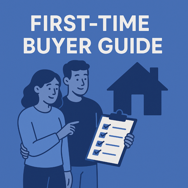 illustrated young couple reviewing a homeownership checklist beside a simple house icon, symbolising guidance for first-time buyers. Clean, modern, friendly design.