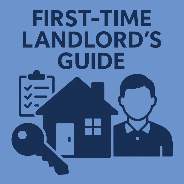 Square blue graphic cover titled First-Time Landlord’s Guide, featuring dark blue icons of a house, key, clipboard with ticks, and a person