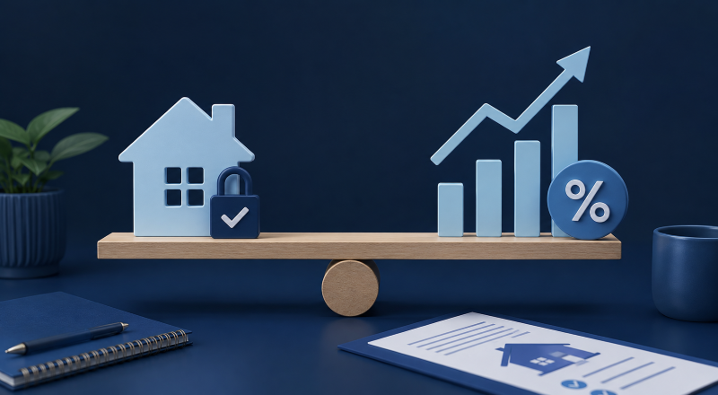 Fixed or Tracker Mortgage Rates hero image showing a balanced scale with a house and padlock on one side, and rising bars with a percentage symbol on the other, in dark blue and light blue branded colours.