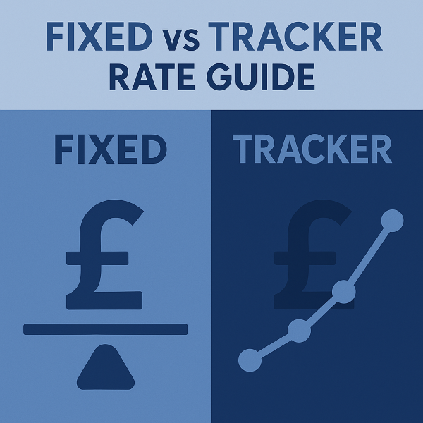 Split blue graphic titled “Fixed vs Tracker Rate Guide”. The left side shows a pound symbol on a balance scale labelled “Fixed”, and the right side shows a pound symbol with an upward line graph labelled “Tracker”.