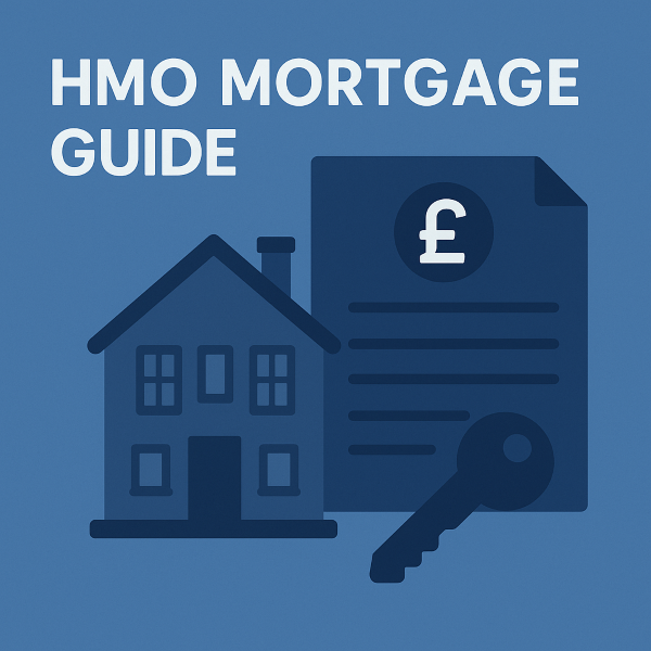 Blue-themed graphic showing a house, mortgage documents and a key, with the title HMO Mortgage Guide displayed above in white text.