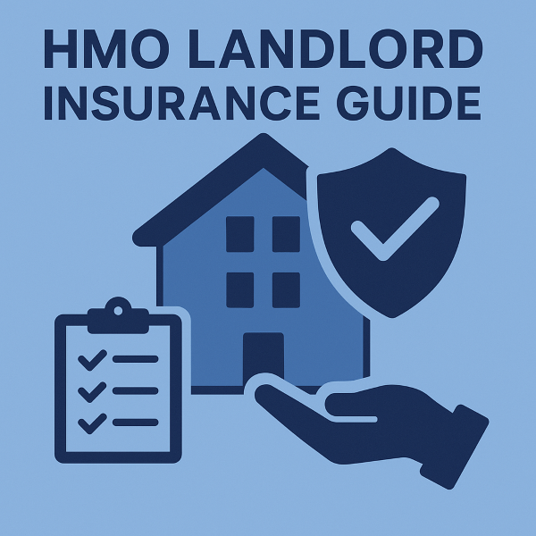 A blue graphic featuring a house icon, shield symbol, checklist, and supporting hand, with bold text reading “HMO Landlord Insurance Guide