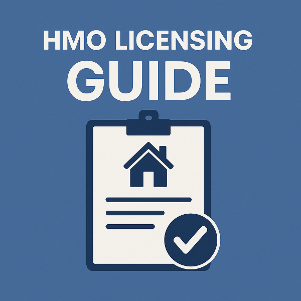 blue branding colours showing the title “HMO Licensing Guide” above a clipboard icon with a house symbol and a checklist tick, representing guidance for UK HMO licensing.