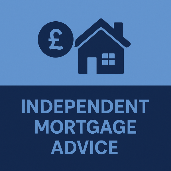 The top half shows a dark blue house icon with a pound symbol in a circle beside it, representing UK mortgage financing. The bottom half contains the text “Independent Mortgage Advice” in bold light-blue lettering on a dark blue background.