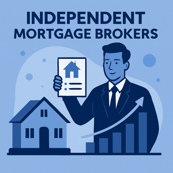 A flat-style blue digital illustration featuring an independent mortgage broker in a suit holding a document with a house icon. A house sits on the left, and a rising bar chart with an upward arrow appears on the right. The text “Independent Mortgage Brokers” is displayed at the top