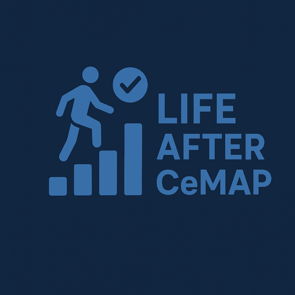 Square 600×600 graphic with a dark blue background and large light blue text reading “Life after CAS” stacked across three lines in a clean sans-serif style.