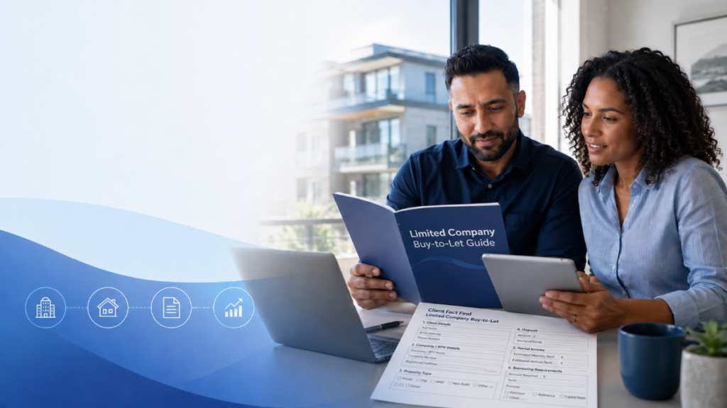 Limited Company Buy-to-Let Guide hero image showing a diverse couple reviewing a branded buy-to-let guide, with a client fact-find form for a limited company buy-to-let application on the desk.