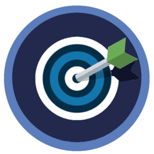 Target icon with concentric blue circles and a green arrow hitting the centre, representing focus, accuracy, or achieving a goal.