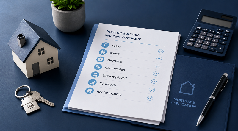 Multiple Income Sources considered for a mortgage application, including salary, bonus, overtime, commission, dividends and rental income.