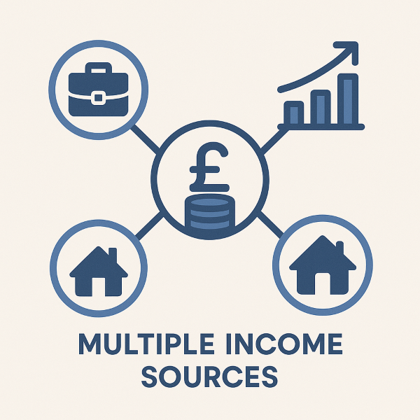 modern graphic showing multiple income sources represented by interconnected icons such as a briefcase, bar chart, house, and coin stack. A balanced layout on a light background