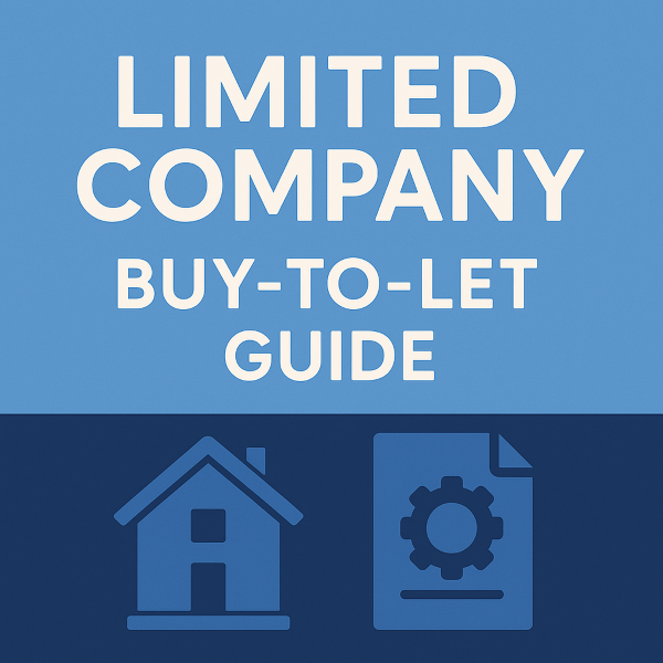 A square graphic titled Limited Company Buy to Let Guide. The top section shows bold white text on a light blue background. The lower section displays simple dark blue icons of a house and a document with a gear symbol on a dark blue background.