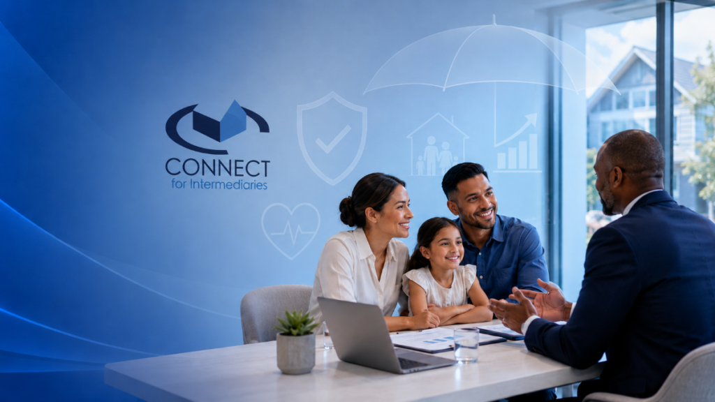 Protecting Your Clients’ Financial Future hero image showing a diverse family meeting with a financial adviser in a modern office, with the Connect for Intermediaries logo on the back wall and subtle protection icons including an umbrella, shield, family, health and growth symbols.