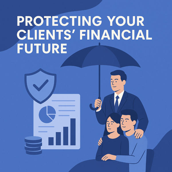 A financial adviser holding an umbrella over a couple, symbolising protection. The background features bar charts, a pie chart, and a shield icon, all illustrated in blue tones to represent safeguarding clients’ financial futures.