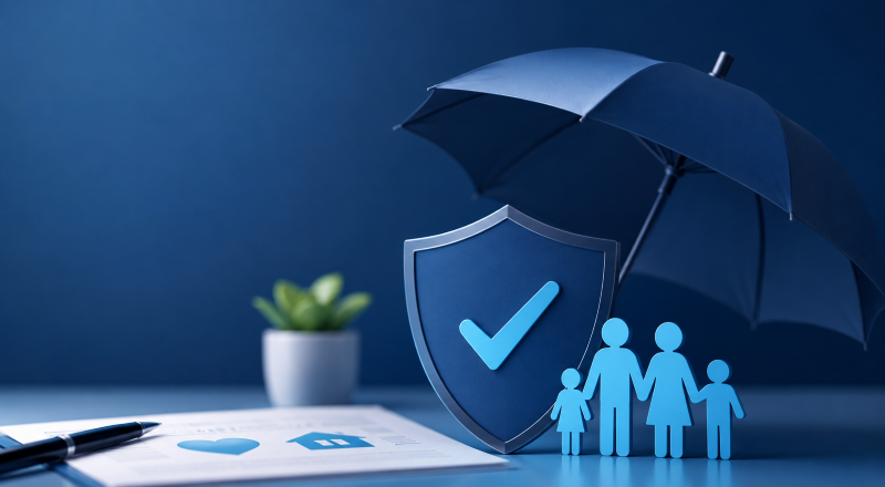 Protection Reviews in Mortgage Advice Process, illustrated by a protective umbrella, shield and family insurance symbols.