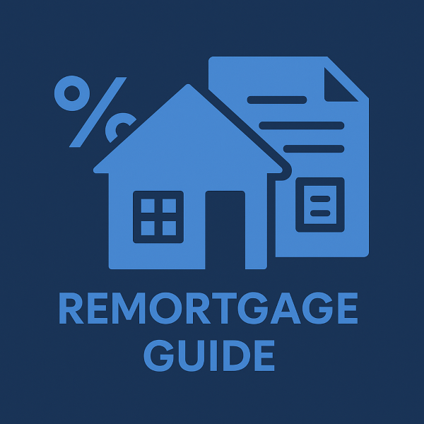 A flat, minimalist graphic in navy and blue #5b7dbc showing a house icon, a percentage symbol, and a document, representing a UK remortgage guide.