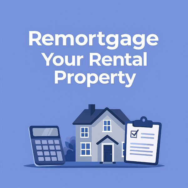 Blue graphic featuring the text “Remortgage Your Rental Property” in bold white lettering above illustrations of a house, a calculator and a clipboard, all styled in branded blue tones.