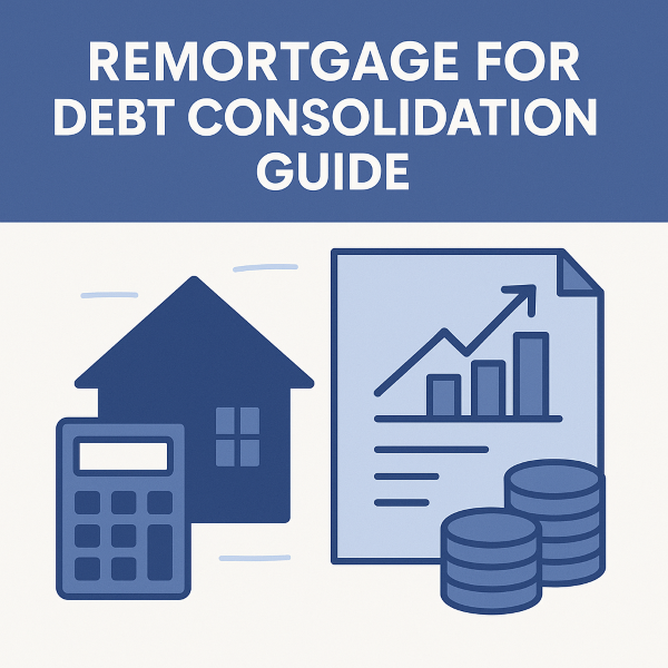 Illustration showing a house, calculator, financial chart, and stacked coins in blue branding colours, representing a remortgage for debt consolidation guide without displaying any currency symbols.