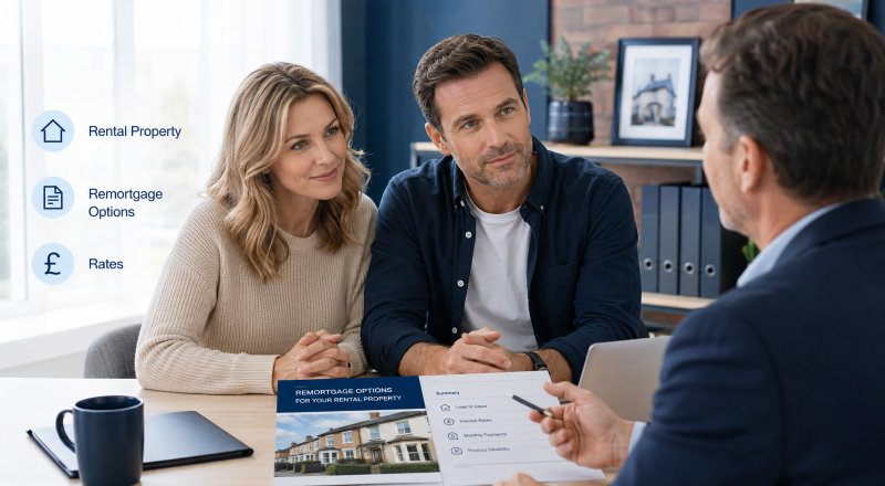 Rental Property Remortgage consultation with a landlord couple reviewing mortgage options with an adviser.