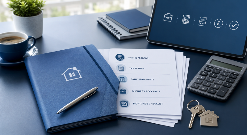 Self-Employed Mortgage Cases with income records, tax returns, business accounts, calculator and house keys.